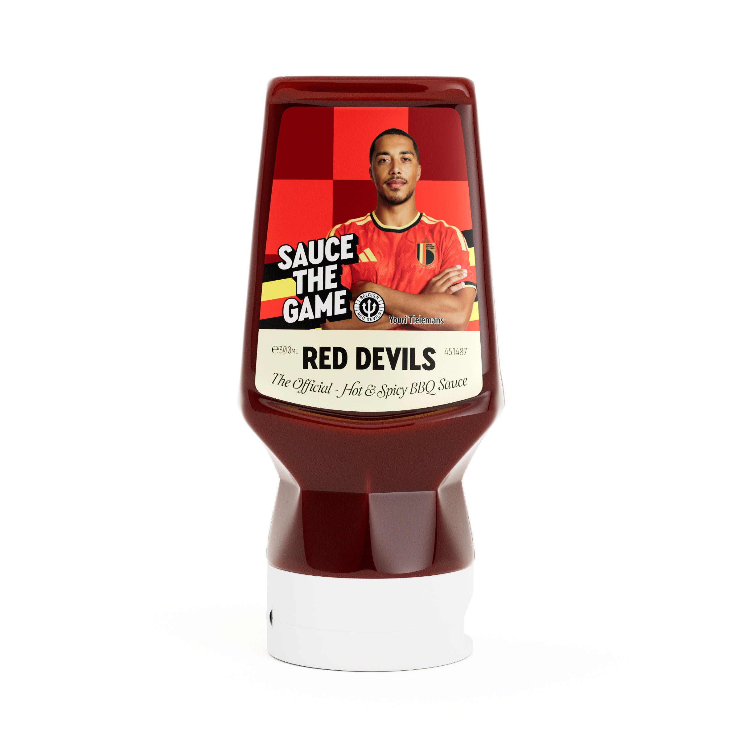 Red Devils-saus 300 ml van het Belgische sausmerk Brussels Ketjep BK. Een pittige barbecuesaus om de Rode Duivels in Amerika te steunen. Verpakking met Youri Tielemans