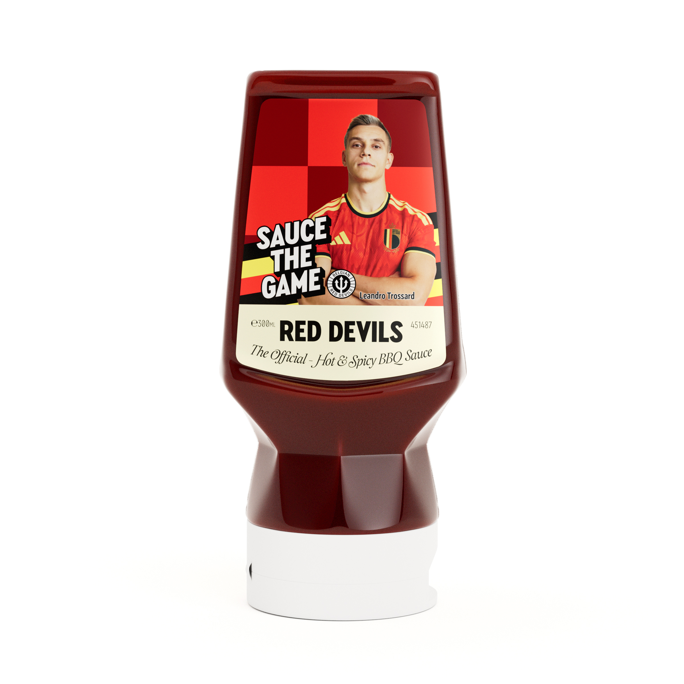 Red Devils-saus 300 ml van het Belgische sausmerk Brussels Ketjep BK. Een pittige barbecuesaus om de Rode Duivels in Amerika te steunen. Verpakking met Leandro Trossard