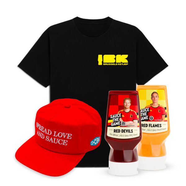Support Box : a BK 26 Tee, a not the MAGA hat, the official Red Devils sauce and the official Red Flames sauce